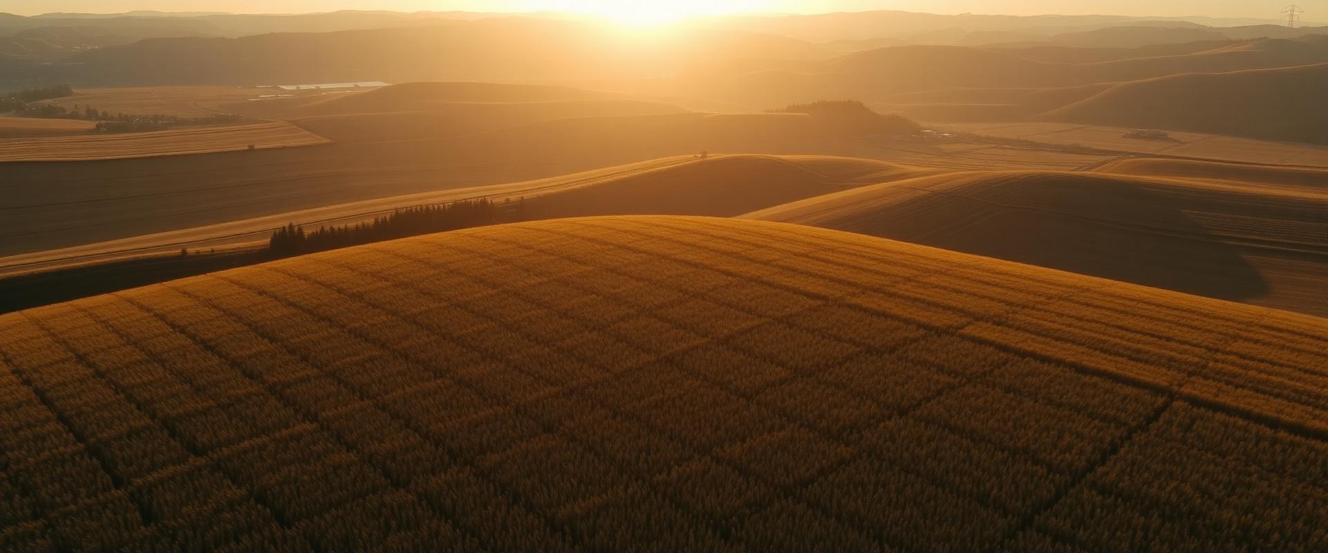 Vast expanse of golden wheat fields under a soft morning sun